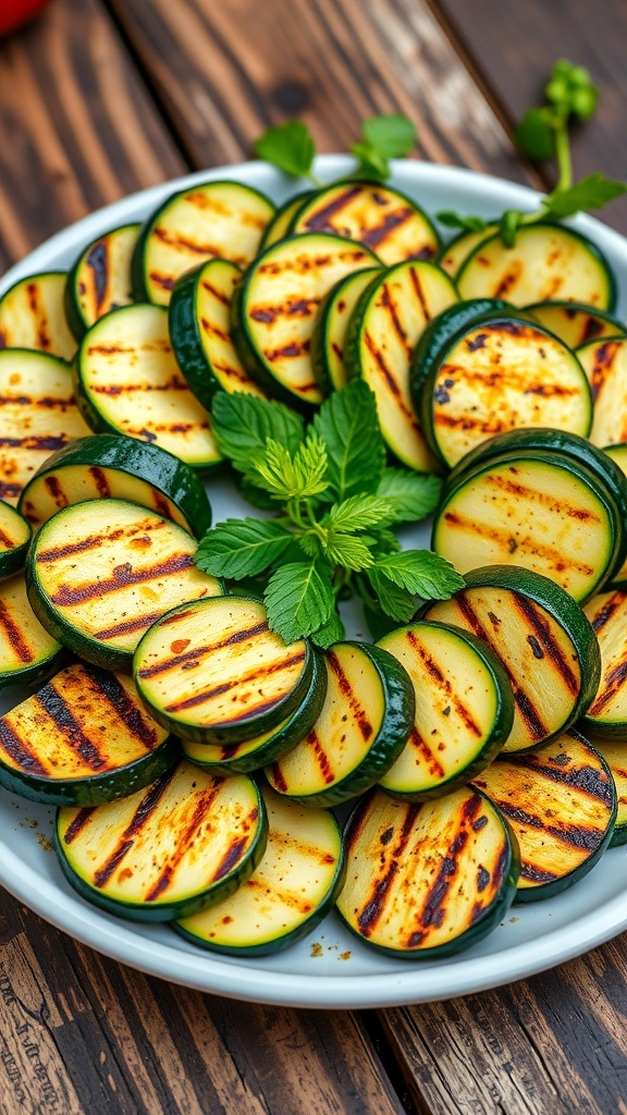 Grilled zucchini slices garnished with herbs on a rustic wooden table.
